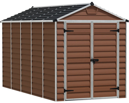 Gerätehaus in Holzoptik mit Satteldach und Doppelflügeltür.