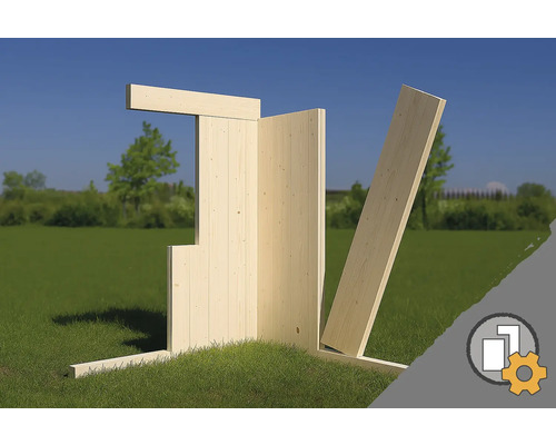 Modulares Wandsystem aus hellem Massivholz für Gartenhäuser auf einer Wiese in einer hellen Gartenumgebung, individuell konfigurierbar.