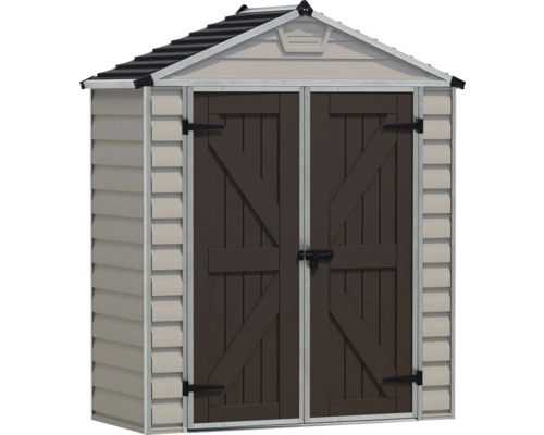 Gartenhaus aus Kunststoff mit Satteldach und braunen Doppeltüren mit dekorativen Querstreben und schwarzen Beschlägen.