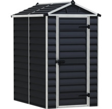 Gerätehaus aus Kunststoff mit Satteldach und einer Tür, horizontale Lamellenstruktur, Anthrazit mit hellen Rahmen.