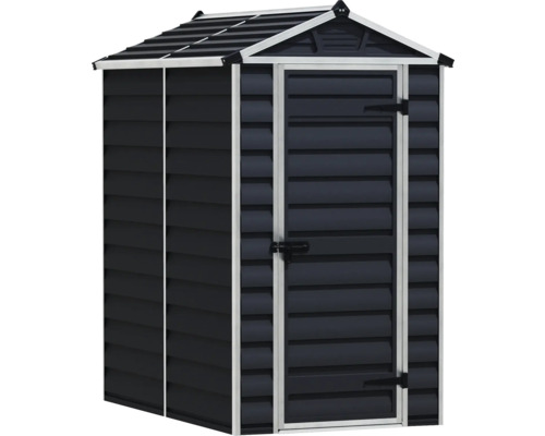 Gerätehaus aus Kunststoff mit Satteldach und einer Tür, horizontale Lamellenstruktur, Anthrazit mit hellen Rahmen.