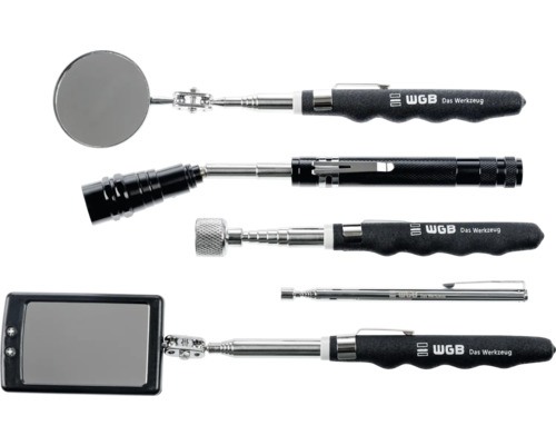 WGB Teleskop-Werkzeugset mit rundem und rechteckigem Inspektionsspiegel, Magnetheber und LED-Lampe, WGB Logo.