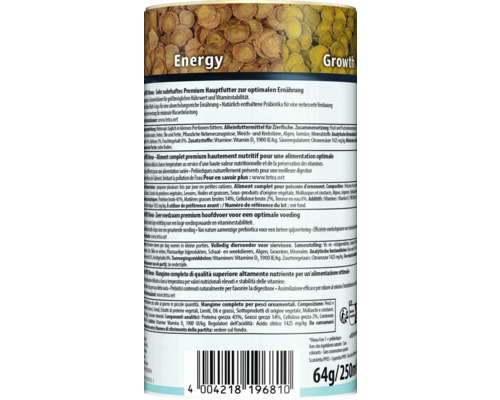 Tetra PRO Menu Fischfutter Rückseite mit Produktinformationen, Inhaltsstoffen und Barcode, 250 Milliliter.