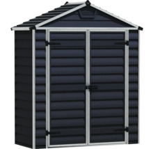 Gartenhaus aus Kunststoff mit Satteldach und Doppelflügeltür in Anthrazit.