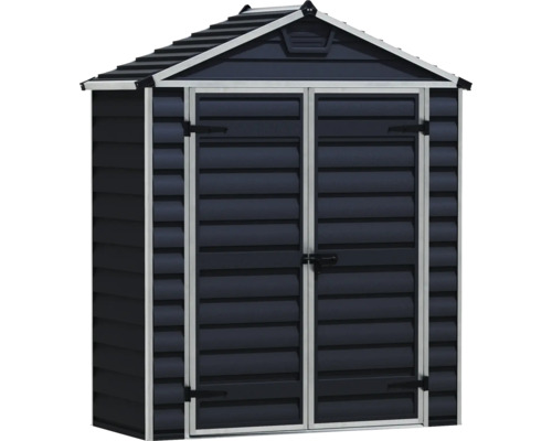 Gartenhaus aus Kunststoff mit Satteldach und Doppelflügeltür in Anthrazit.
