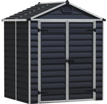 Gerätehaus aus Kunststoff mit Satteldach und Doppeltür in Dunkelgrau