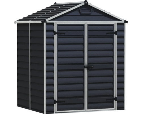 Gerätehaus aus Kunststoff mit Satteldach und Doppeltür in Dunkelgrau