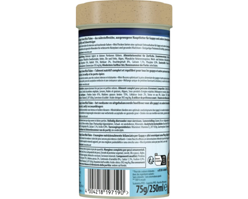 Rückseite der Dose Tetra Guppy Colour Mini Flakes Fischfutter mit Inhaltsstoffen, Fütterungshinweisen und Barcode.