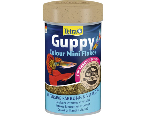 Tetra Logo, Tetra Guppy Colour Mini Flakes Fischfutter für Guppys für intensive Färbung und Vitalität, mit natürlichen Inhaltsstoffen.