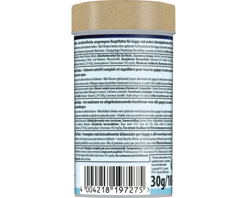 Rückseite einer Packung Fischfutter Mini Flakes für Guppys mit Inhaltsstoffen, Fütterungshinweisen und Barcode, 30 Gramm.