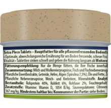 Etikett von Tetra Pleco Tablets Fischfutter mit Fütterungsempfehlung, Zusammensetzung und analytischen Bestandteilen für Bodenfische.
