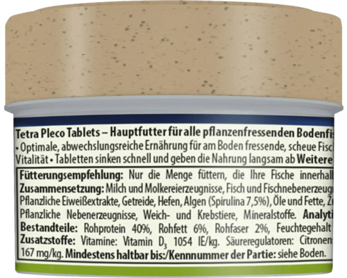 Etikett von Tetra Pleco Tablets Fischfutter mit Fütterungsempfehlung, Zusammensetzung und analytischen Bestandteilen für Bodenfische.