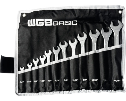 WGB Basic Doppelmaulschlüssel-Satz in schwarzer Rolltasche, 12-teilig, Größen 1/4 bis 15/16 Zoll, Werkzeug aus Chrom-Vanadium-Stahl.
