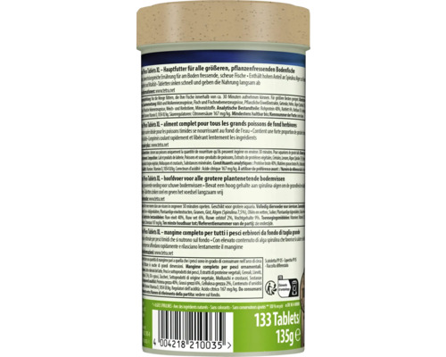 Rückseite der Verpackung von Tetra Pleco Tablets XL Hauptfutter für größere pflanzenfressende Bodenfische, 133 Tabletten, 135 Gramm.