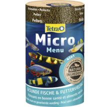 Dose Tetra Micro Menu Fischfutter mit Tetra Logo. 4 in 1 Mischung aus Pellets, Granulat und Sticks mit natürlichen Inhaltsstoffen.