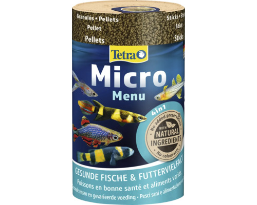 Hauptfutter Tetra Micro Menu 100 ml Dose Tetra Micro Menu Fischfutter mit Tetra Logo. 4 in 1 Mischung aus Pellets, Granulat und Sticks mit natürlichen Inhaltsstoffen.