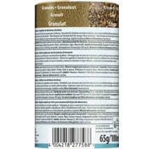 Detail der Produktverpackung von Tetra Mikro Menu Fischfutter mit Inhaltsstoffen und Abbildungen von Granulat und Crisps.