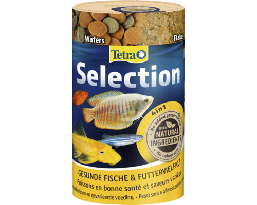 Hauptfutter Tetra Selection 100 ml Fischfutter Tetra Selection, 4 in 1 Mischung aus Wafern und Flocken, Tetra Logo, natürliche Inhaltsstoffe, ohne Konservierungsstoffe.