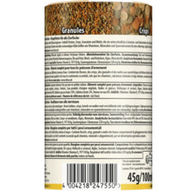 Produktetikett von Tetra Selection Fischfutter für Zierfische mit Abbildungen von Futtergranulat und Crisps sowie Inhaltsstoffen.