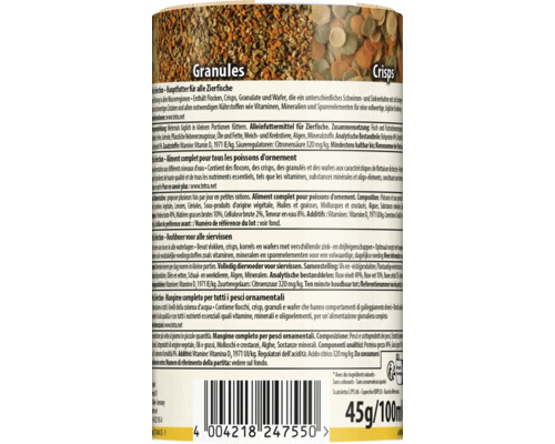 Produktetikett von Tetra Selection Fischfutter für Zierfische mit Abbildungen von Futtergranulat und Crisps sowie Inhaltsstoffen.