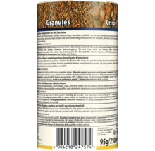 Etikett einer Fischfutterdose mit Informationen zu Granulat und Crisps, Inhaltsstoffen und Fütterungsempfehlungen für alle Zierfische.