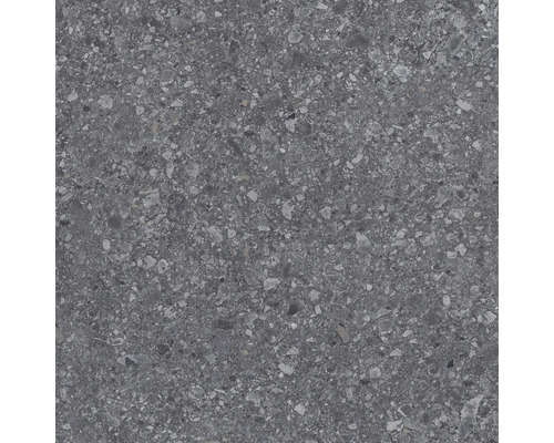 Feinsteinzeugfliese mit Terrazzo-Optik in Dunkelgrau mit hellen Einschlüssen.