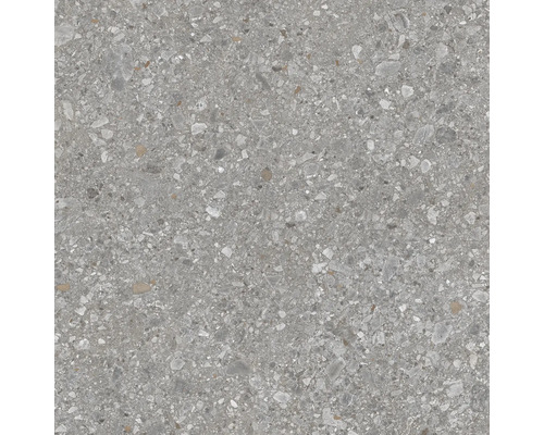 Bodenfliese in grauer Terrazzo-Optik mit feinen mineralischen Einschlüssen.