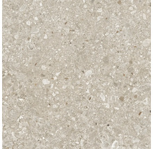Beige Feinsteinzeugfliese in Terrazzo-Optik mit mineralischen Einschlüssen.