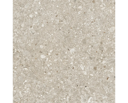 Beige Feinsteinzeugfliese in Terrazzo-Optik mit mineralischen Einschlüssen.
