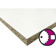 Beschichtete Spanplatte mit weißer Oberfläche und sichtbarer Schnittkante, geeignet für den Holzzuschnitt.