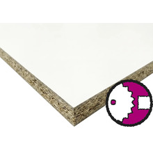Beschichtete Spanplatte in Weiß mit sichtbarem Holzkern und Symbol für den Holzzuschnitt nach Maß.
