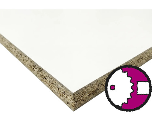 Beschichtete Spanplatte in Weiß mit sichtbarem Holzkern und Symbol für den Holzzuschnitt nach Maß.