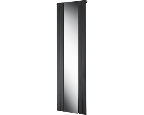 Vertikaler Designer Heizkörper mit integriertem Ganzkörperspiegel und schwarzen flachen Heizelementen.