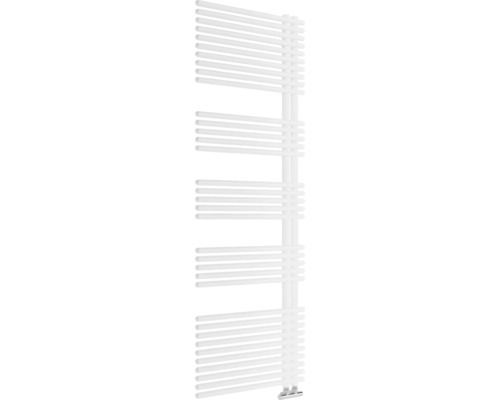 Weißer Badheizkörper in Leiterform für die Wandmontage mit horizontalen Rundrohren und seitlichen Sammelrohren.