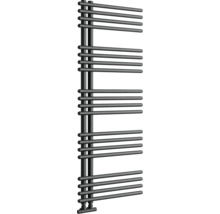 Asymmetrischer Handtuchheizkörper mit horizontalen Rundrohren an zwei vertikalen Sammelrohren, modernes Design für das Badezimmer.