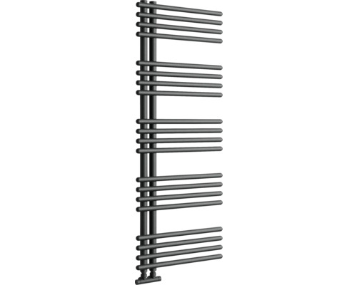 Asymmetrischer Handtuchheizkörper mit horizontalen Rundrohren an zwei vertikalen Sammelrohren, modernes Design für das Badezimmer.