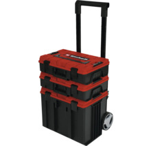 Einhell Werkzeugkoffer System in Rot und Schwarz bestehend aus drei stapelbaren Boxen mit Rollen und ausziehbarem Griff.