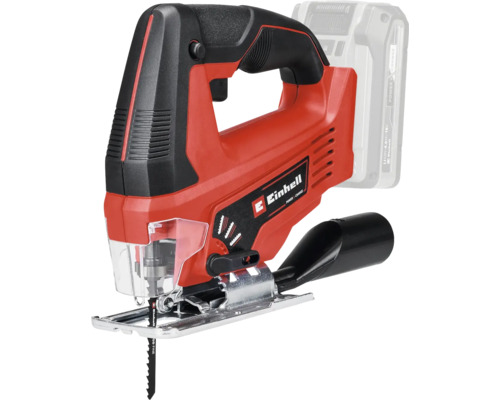 Einhell Akku-Stichsäge mit Bügelgriff, Sägeblatt, transparentem Splitterschutz und Staubabsaugadapter.