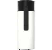 Stiebel Eltron Warmwasser-Wärmepumpe, zylindrisches Standgerät mit schwarzem Lamellenaufsatz und weißem Gehäuse, Stiebel Eltron Logo.