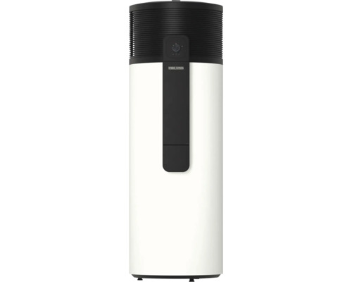 Stiebel Eltron Warmwasser-Wärmepumpe, zylindrisches Standgerät mit schwarzem Lamellenaufsatz und weißem Gehäuse, Stiebel Eltron Logo.
