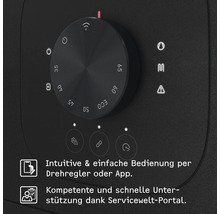 Bedienfeld mit Drehregler für Temperaturen von 35 bis 65 Grad, ECO-Modus, WLAN-Symbol und Hinweisen zu App-Steuerung und Service-Portal.