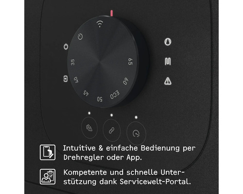 Bedienfeld mit Drehregler für Temperaturen von 35 bis 65 Grad, ECO-Modus, WLAN-Symbol und Hinweisen zu App-Steuerung und Service-Portal.