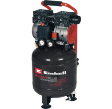 Einhell Kompressor Silent Plus mit stehendem schwarzem Tank, zwei Manometern und rotem Tragegriff.