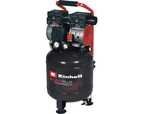 Einhell Kompressor Silent Plus mit stehendem schwarzem Tank, zwei Manometern und rotem Tragegriff.