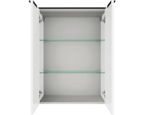 Geöffneter Spiegelschrank mit zwei Glaseinlegeböden und Metallscharnieren.