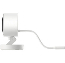 Weiße Überwachungskamera mit Standfuß und festem Anschlusskabel in der Seitenansicht.