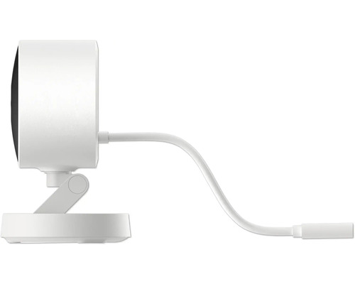Weiße Überwachungskamera mit Standfuß und festem Anschlusskabel in der Seitenansicht.