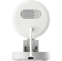 Rückansicht einer weißen runden Überwachungskamera mit Lautsprechergitter und Halterung.