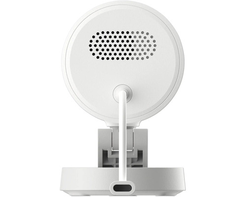 Rückansicht einer weißen runden Überwachungskamera mit Lautsprechergitter und Halterung.