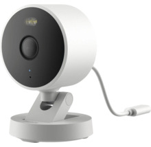 Weiße intelligente Überwachungskamera von Aqara mit schwarzer Frontseite, verstellbarem Standfuß und weißem USB-Anschlusskabel.